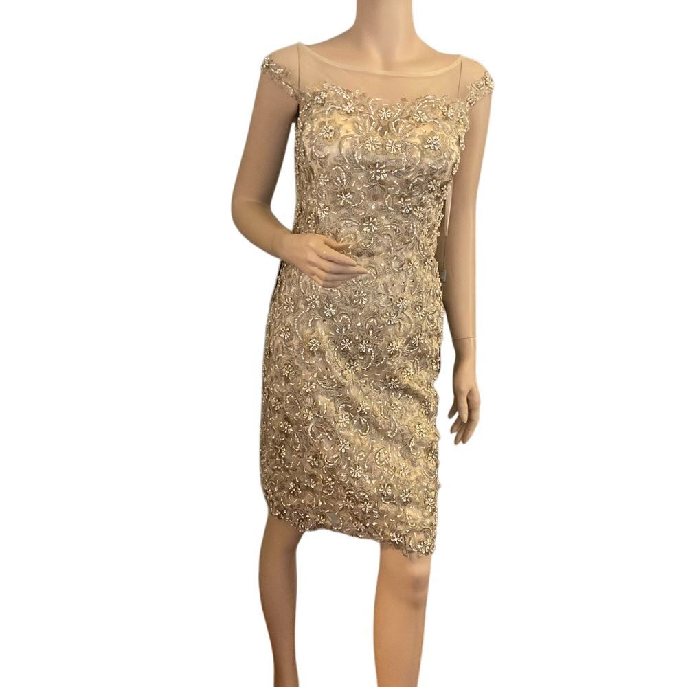 NWT MARSONI BY COLORS GOLD SHEER BEADED PARTY  COCKTAIL‎ DRESS